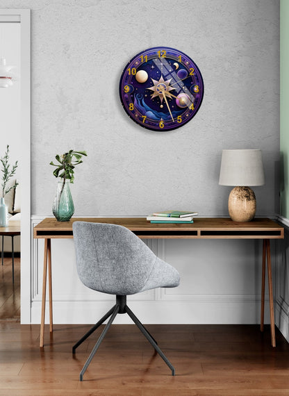 Phases lunaires bleu profond sur verre trempé avec horloge murale céleste