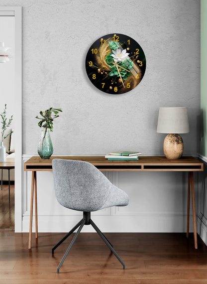 Motif floral vert blanc sur verre trempé avec horloge murale abstraite