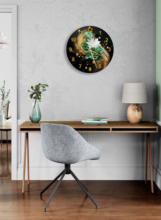 Motif floral vert blanc sur verre trempé avec horloge murale abstraite