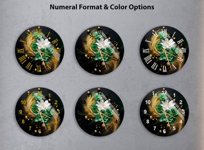 Motif floral vert blanc sur verre trempé avec horloge murale abstraite