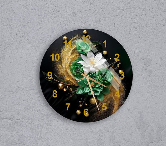 Motif floral vert blanc sur verre trempé avec horloge murale abstraite