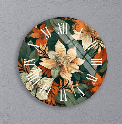 Feuillage tropical vert sur verre trempé avec horloge murale botanique
