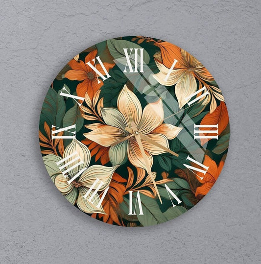Feuillage tropical vert sur verre trempé avec horloge murale botanique