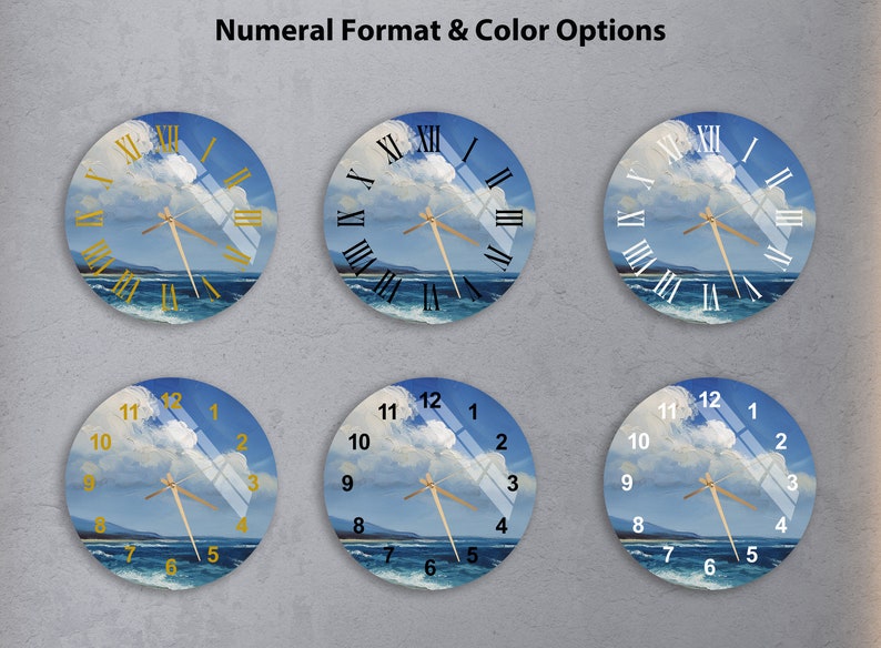 Horloge murale en verre trempé avec vue sur le ciel bleu, les nuages blancs et la mer