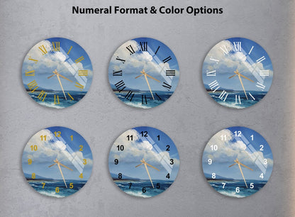 Horloge murale en verre trempé avec vue sur le ciel bleu, les nuages blancs et la mer