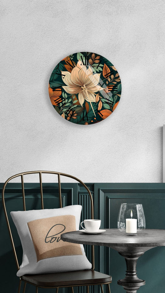 Feuillage vert floral sur verre trempé avec horloge murale tropicale