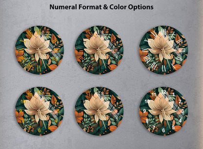 Feuillage vert floral sur verre trempé avec horloge murale tropicale