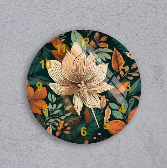 Feuillage vert floral sur verre trempé avec horloge murale tropicale
