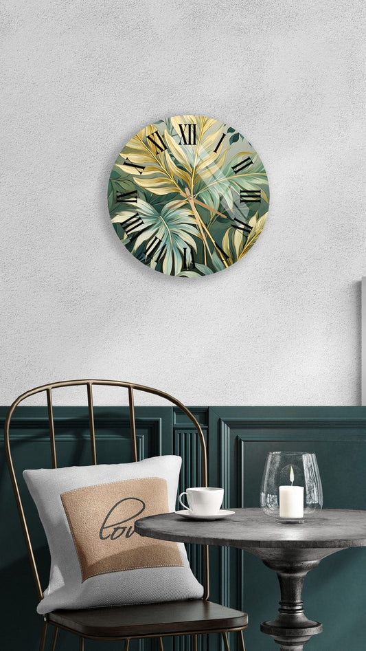 Feuilles de palmier or vert sur verre trempé avec horloge murale déco