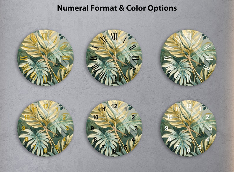 Feuilles de palmier or vert sur verre trempé avec horloge murale déco