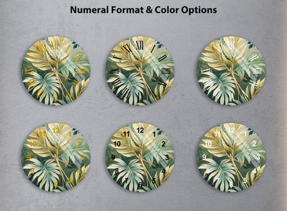 Feuilles de palmier or vert sur verre trempé avec horloge murale déco