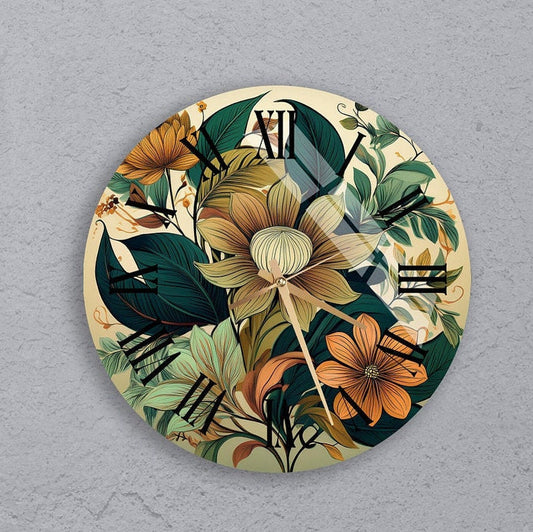 Feuillage exotique vert sur verre trempé avec horloge murale botanique