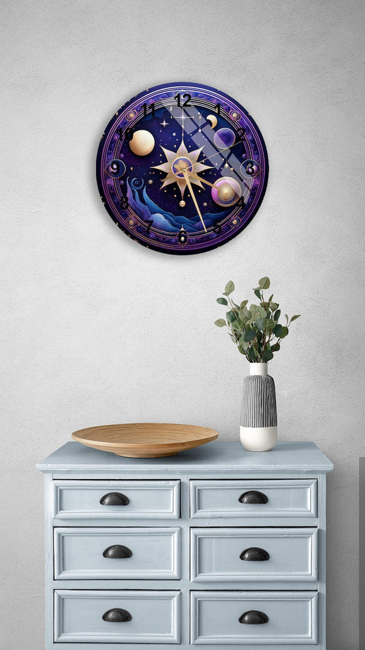 Phases lunaires bleu profond sur verre trempé avec horloge murale céleste