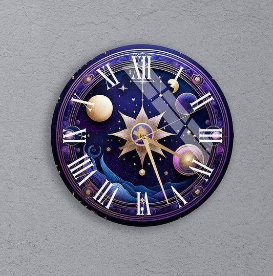 Phases lunaires bleu profond sur verre trempé avec horloge murale céleste