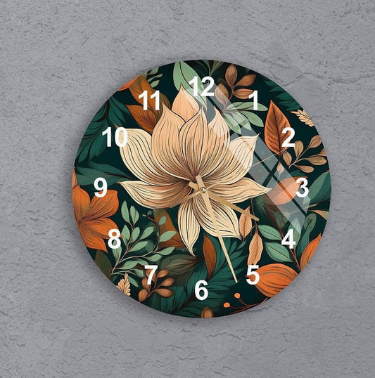 Feuilles tropicales vertes sur verre trempé avec horloge murale déco