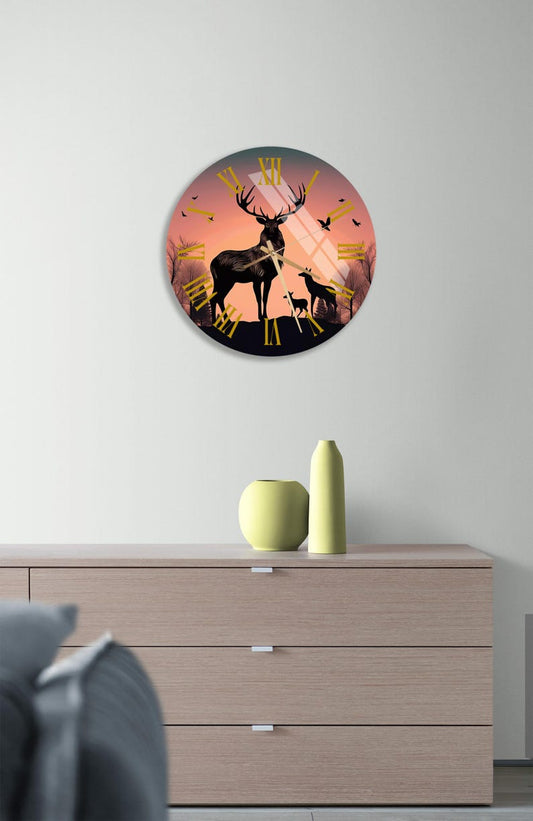 Cerfs et forêt nocturne sur verre trempé avec horloge murale rustique