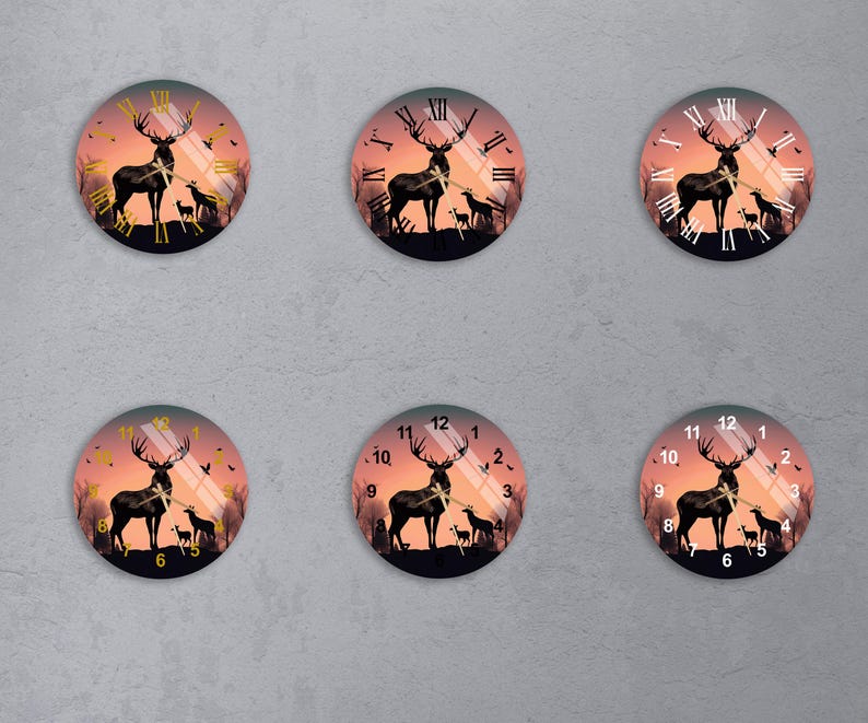Cerfs et forêt nocturne sur verre trempé avec horloge murale rustique