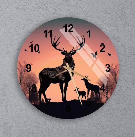 Cerfs et forêt nocturne sur verre trempé avec horloge murale rustique