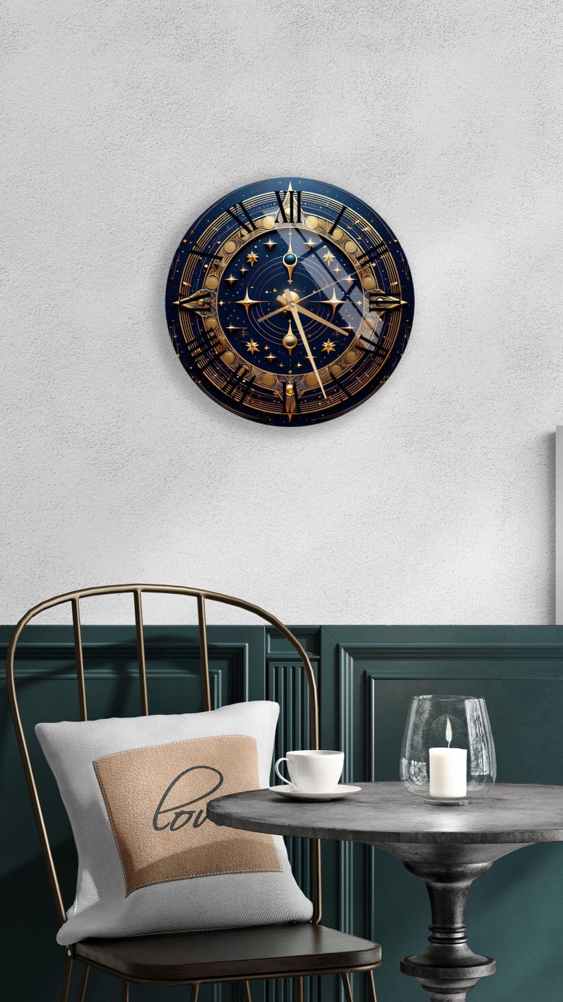 Phases lunaires dorées sur verre trempé avec horloge murale salon unique