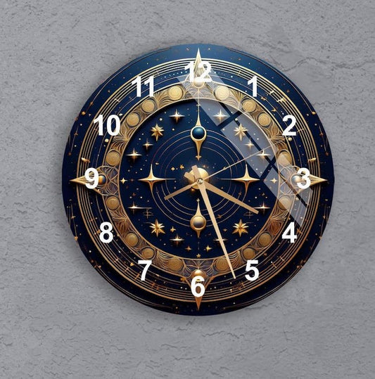 Phases lunaires dorées sur verre trempé avec horloge murale salon unique