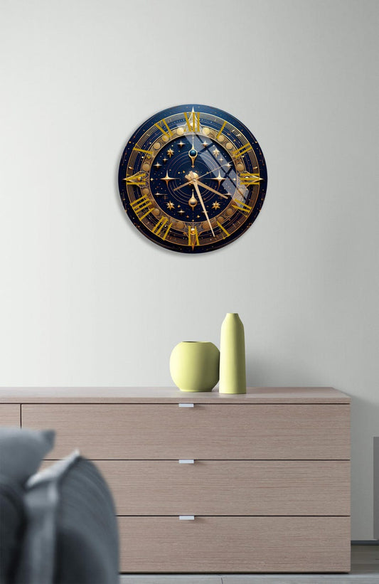 Phases lunaires dorées sur verre trempé avec horloge murale salon unique