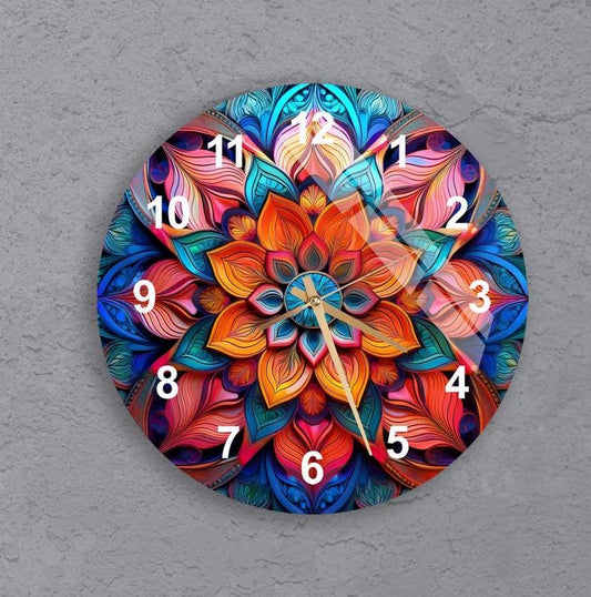 Horloge murale en verre trempé à motif mandala