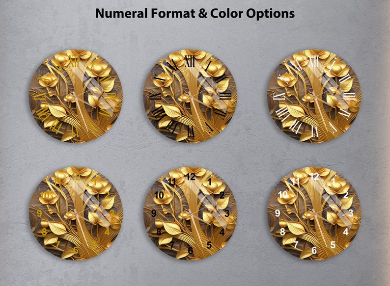 Feuilles d’or en 3D sur verre trempé avec horloge murale florale dorée