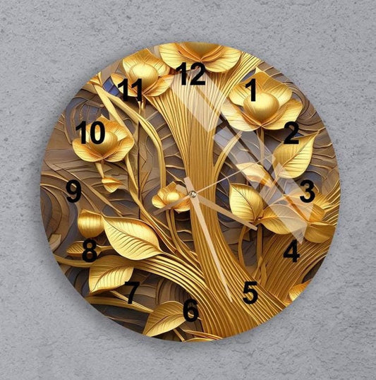 Feuilles d’or en 3D sur verre trempé avec horloge murale florale dorée