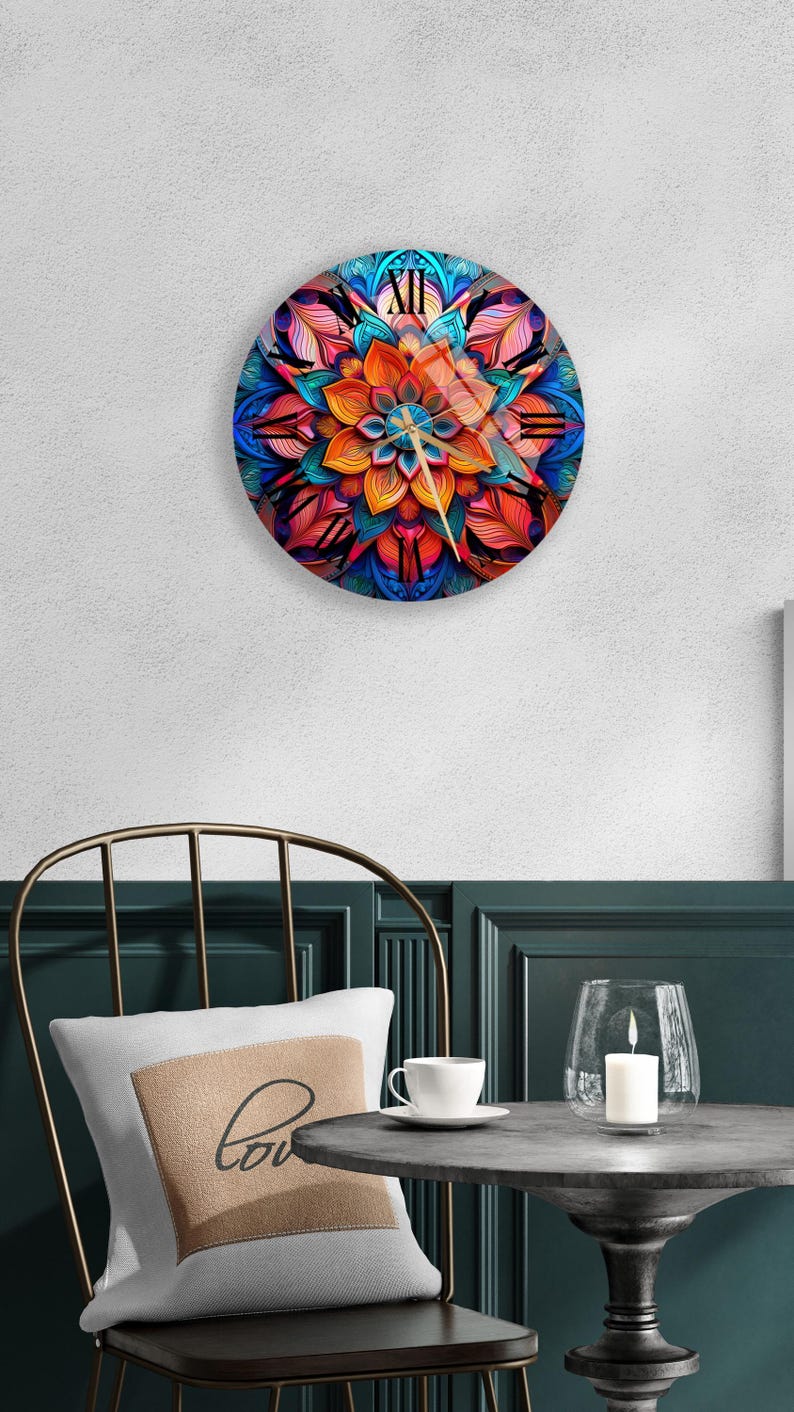 Horloge murale en verre trempé à motif mandala