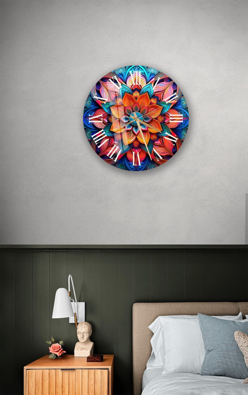Horloge murale en verre trempé à motif mandala