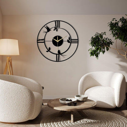 Horloge murale creuse simple et abstraite en métal noir en forme d'oiseau