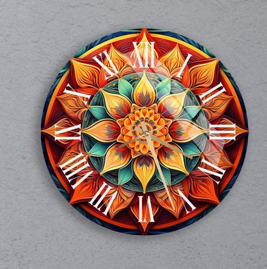 Mandala bohème aux tons chauds sur verre trempé avec horloge murale chic