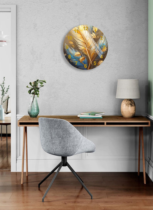 Feuille d’or sur fond bleu en verre trempé avec horloge murale cuisine