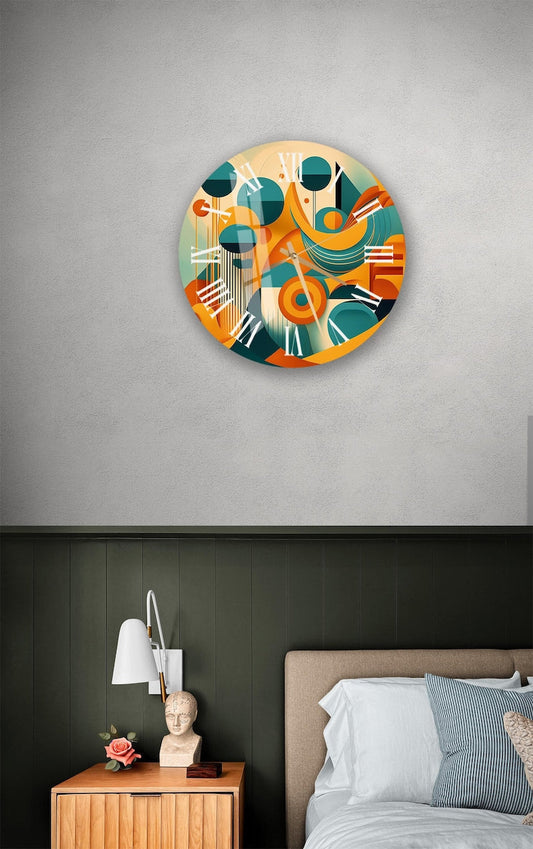 Formes rétro colorées sur verre trempé avec horloge murale bohème