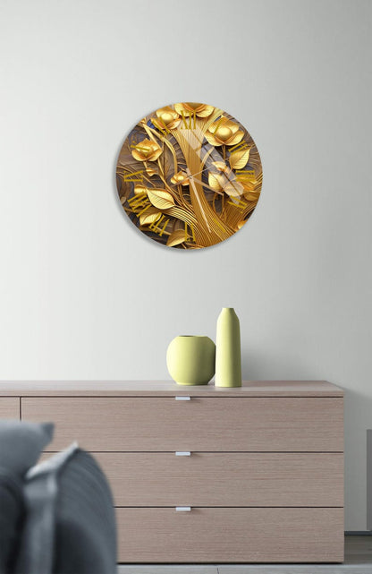 Feuilles d’or en 3D sur verre trempé avec horloge murale florale dorée