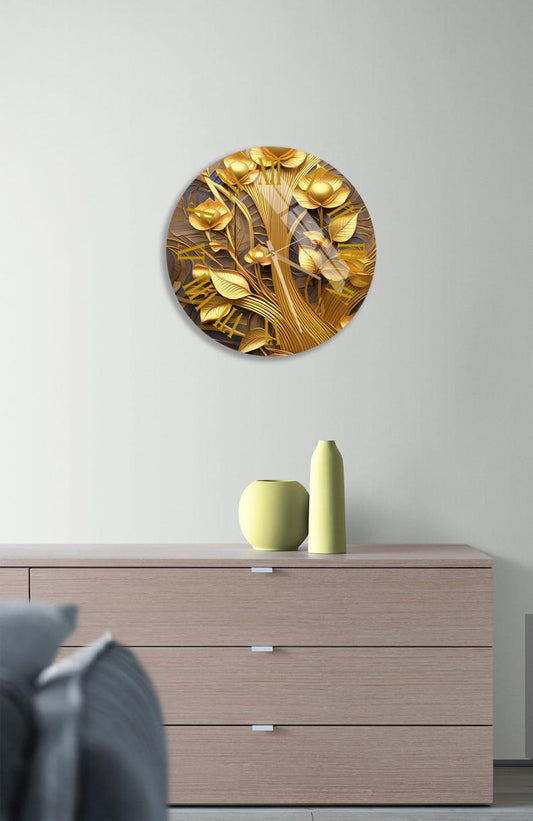 Feuilles d’or en 3D sur verre trempé avec horloge murale florale dorée