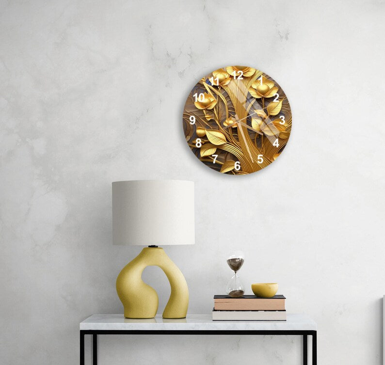 Feuilles d’or en 3D sur verre trempé avec horloge murale florale dorée