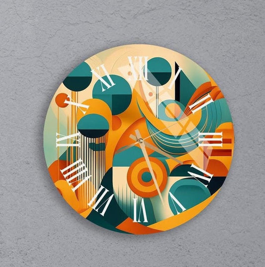 Formes rétro colorées sur verre trempé avec horloge murale bohème