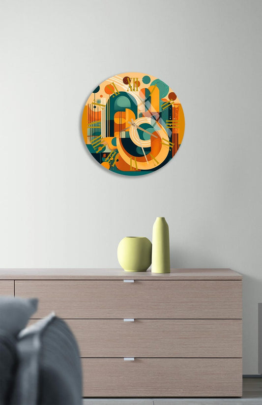 Formes rétro orange sur verre trempé avec horloge murale bohème colorée