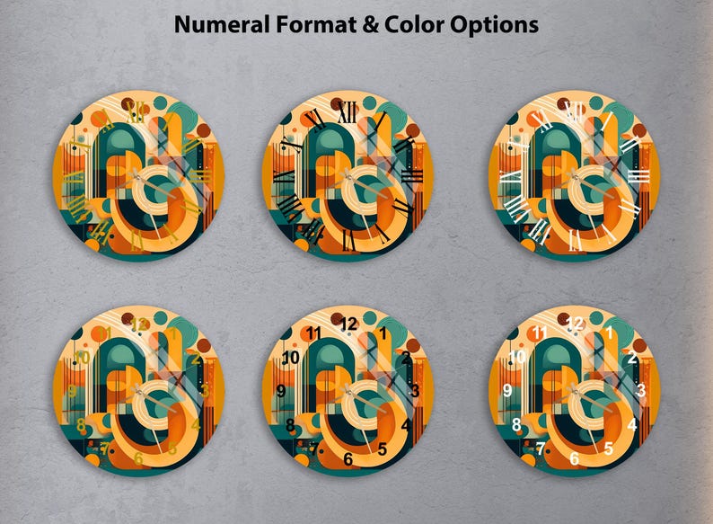 Formes rétro orange sur verre trempé avec horloge murale bohème colorée