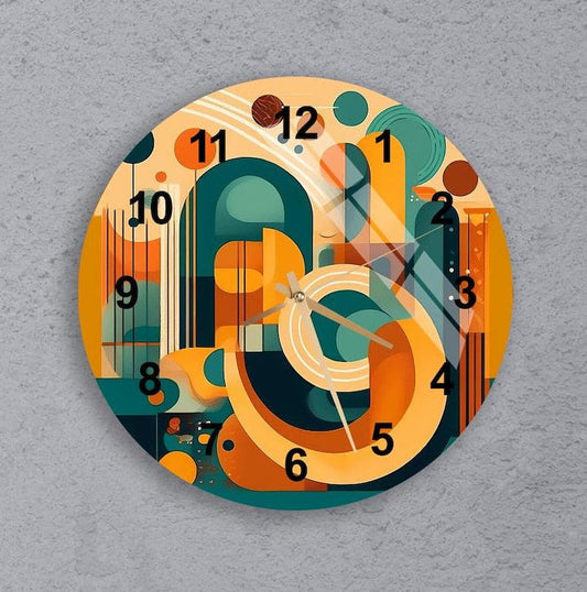 Formes rétro orange sur verre trempé avec horloge murale bohème colorée