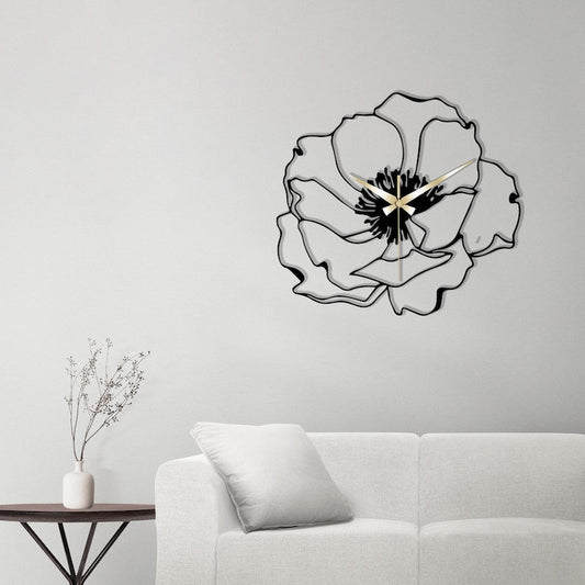 Horloge murale creuse en métal avec motif de fleurs noires en fleurs