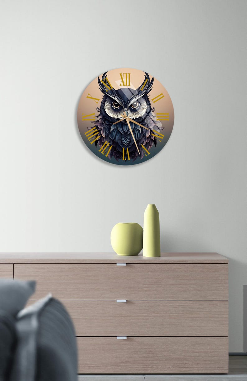Horloge murale en verre trempé à motif hibou