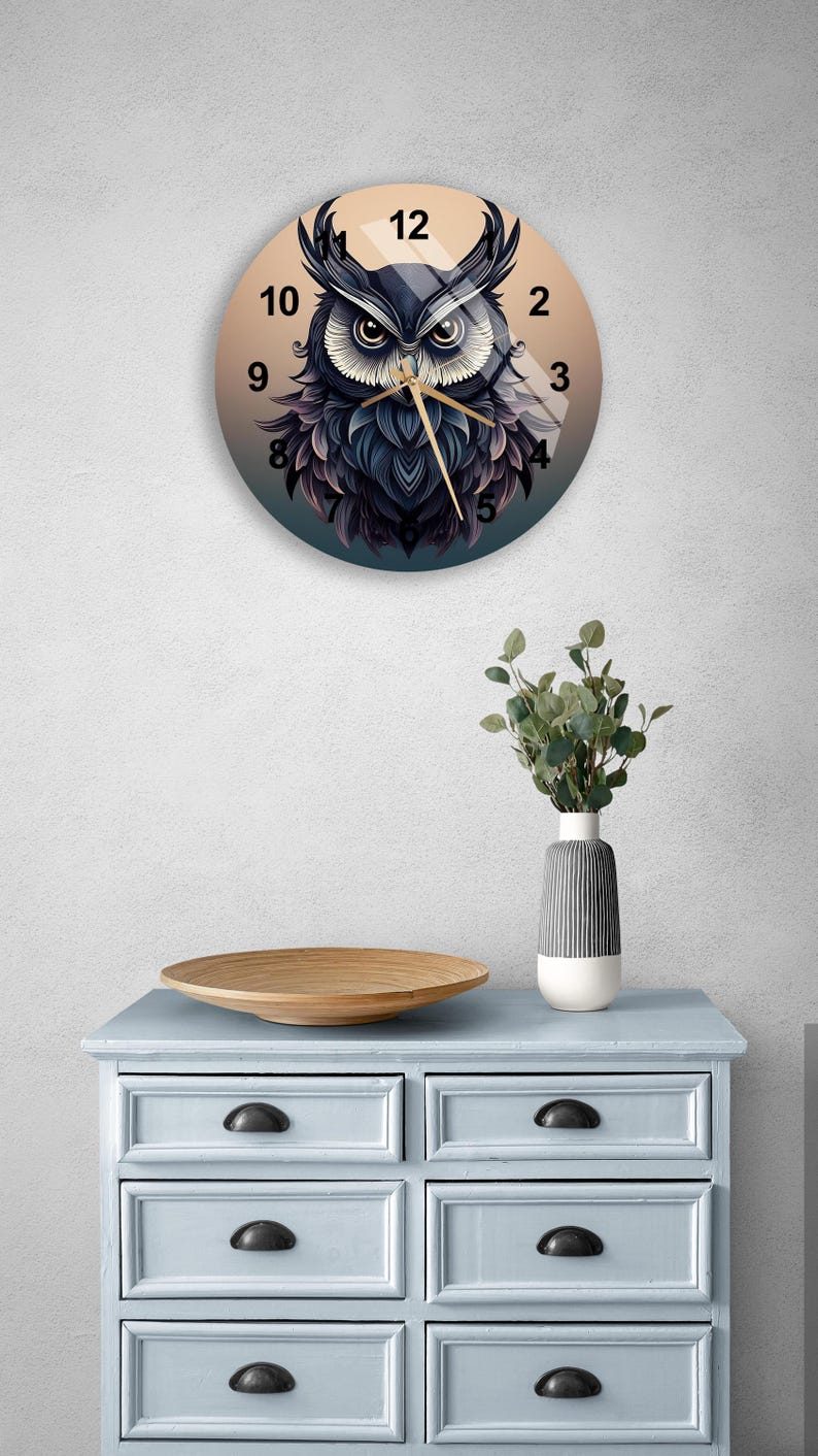 Horloge murale en verre trempé à motif hibou