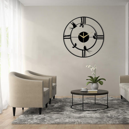 Horloge murale creuse simple et abstraite en métal noir en forme d'oiseau