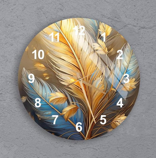 Feuille d’or sur fond bleu en verre trempé avec horloge murale cuisine