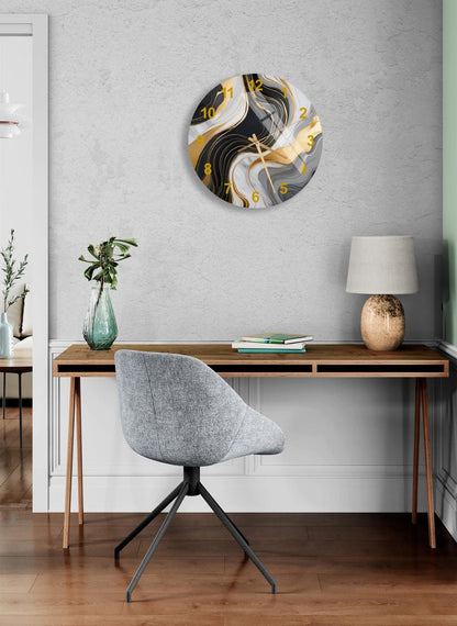 Tourbillons noirs dorés sur verre trempé avec horloge murale abstraite