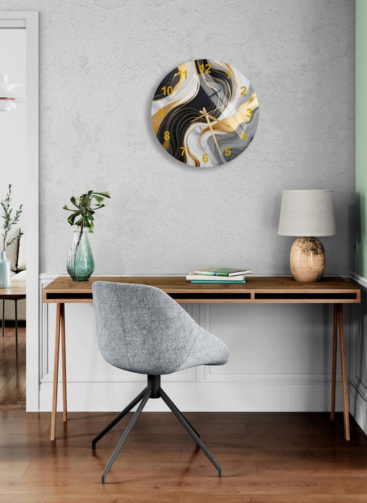 Tourbillons noirs dorés sur verre trempé avec horloge murale abstraite