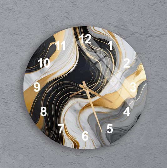 Tourbillons noirs dorés sur verre trempé avec horloge murale abstraite