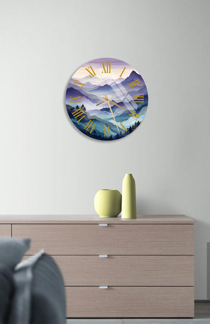 Horloge murale élégante en verre trempé avec vue sur la montagne violette